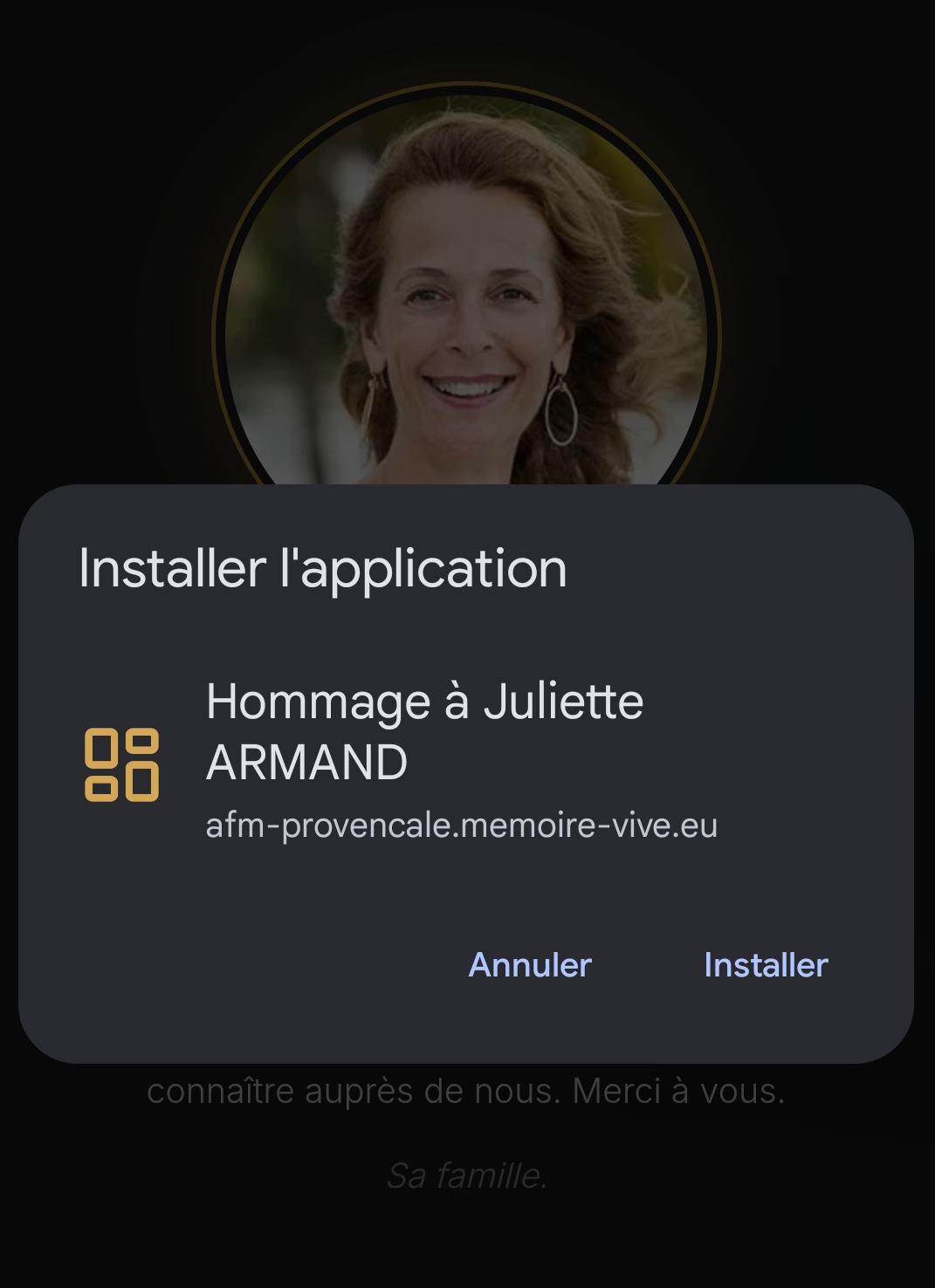 Proposition d'installation par le navigateur — Hommage à Juliette ARMAND